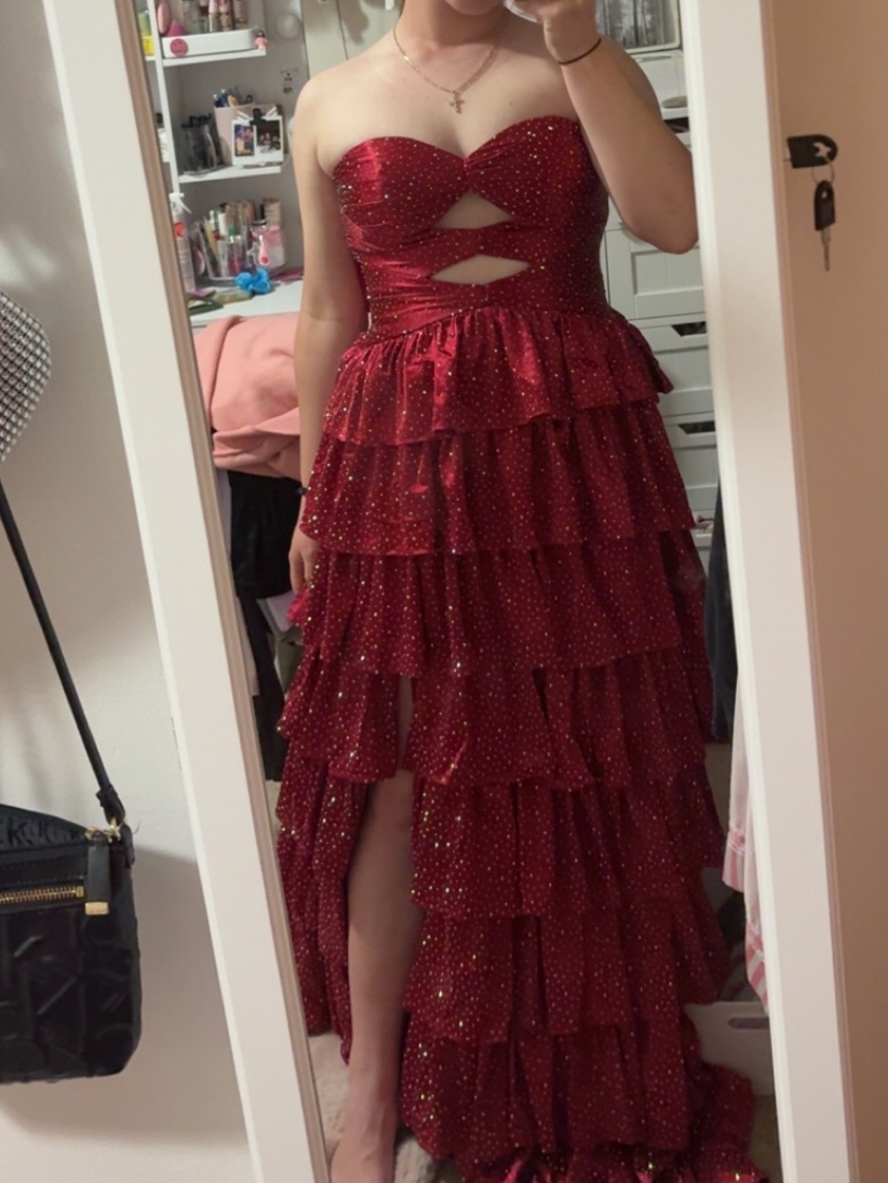 Strapless Burgundy/Red Ruffled Prom Dress - Picture 5 of 6